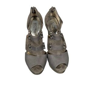 Michael Kors Gray Leather Suede Platform Stiletto Open Toe Heel Shoe 8.5M